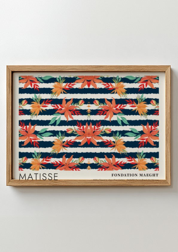 Henri Matisse poster featuring dark botanical design with vibrant florals and deep blue background