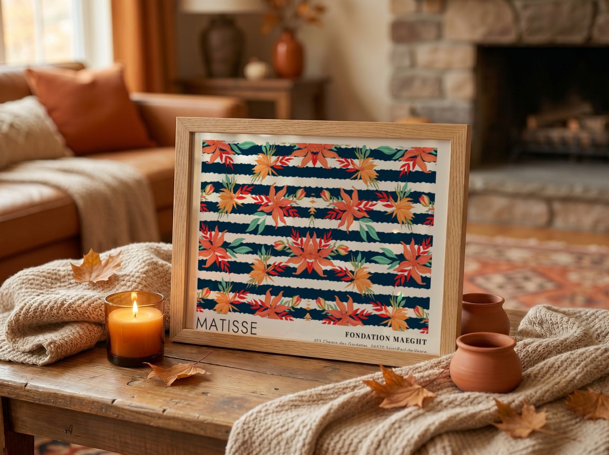 Henri Matisse poster featuring dark botanical design with vibrant florals and deep blue background