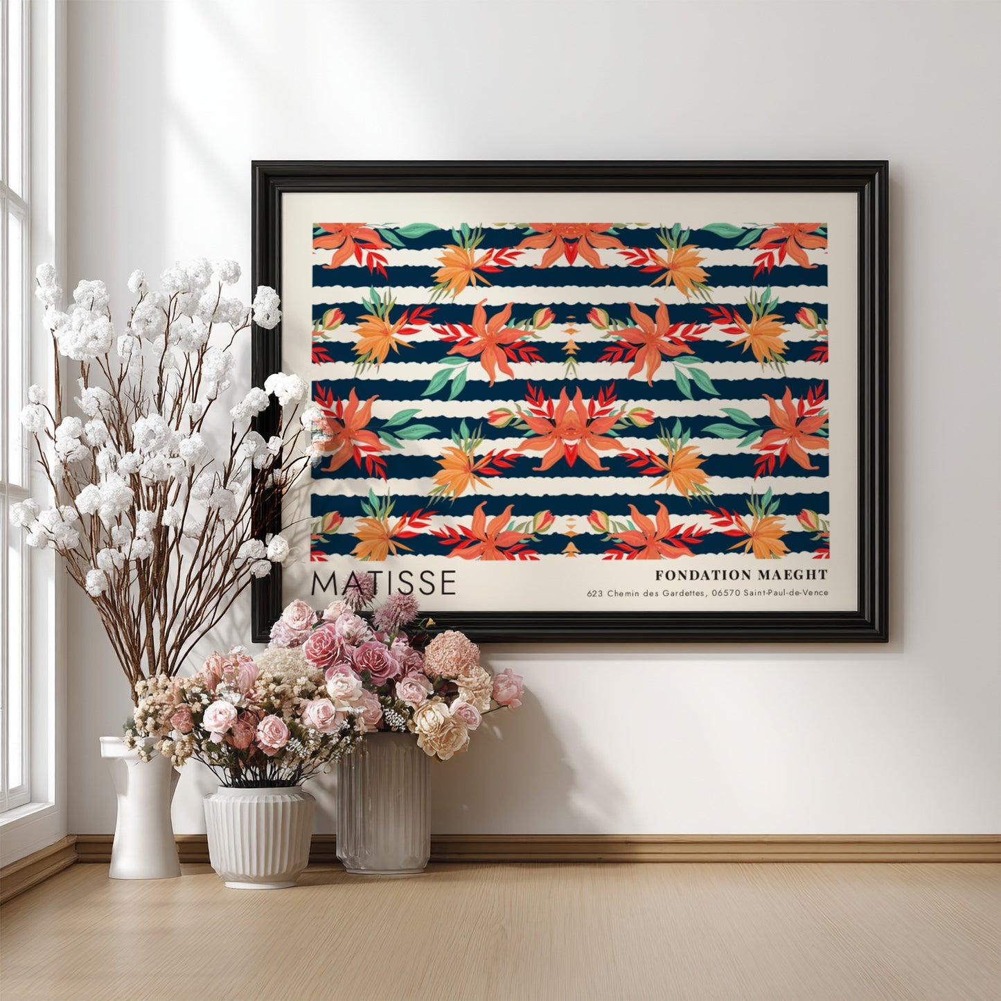 Nocturne wall art print featuring vibrant botanicals by Matisse, dark background, colorful design.