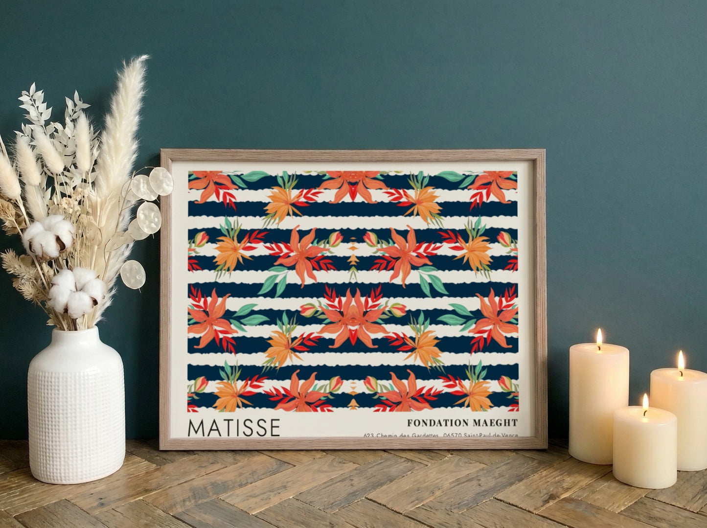 Henri Matisse poster featuring dark botanical design with vibrant florals and deep blue background