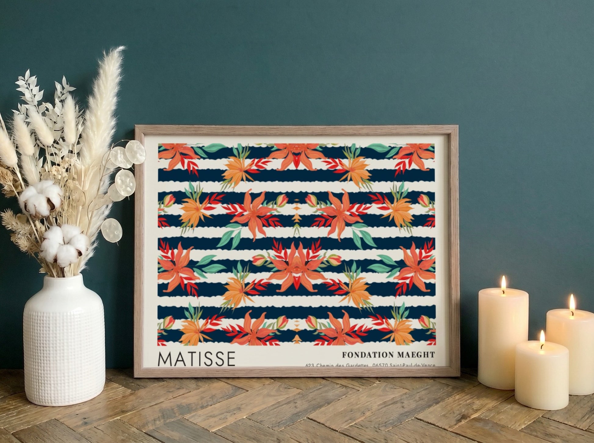 Henri Matisse poster featuring dark botanical design with vibrant florals and deep blue background