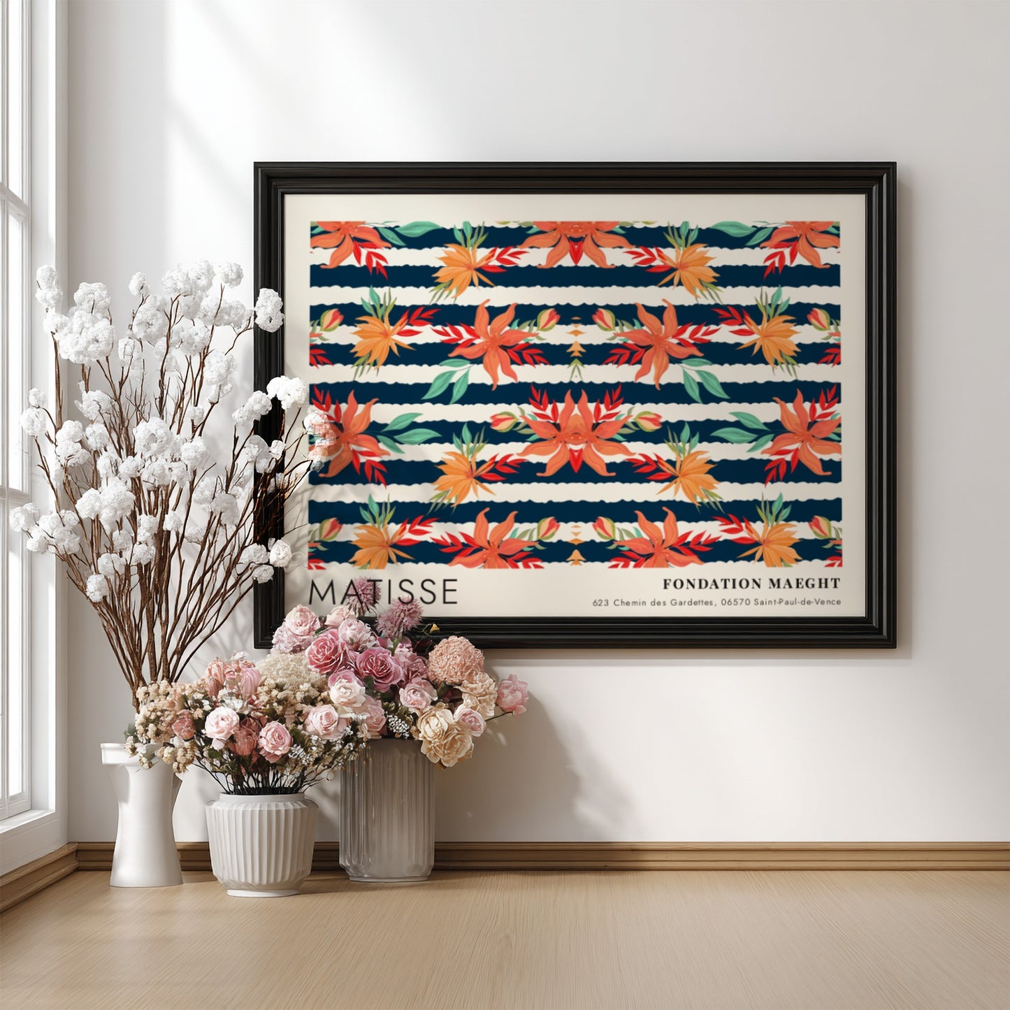 Henri Matisse poster featuring dark botanical design with vibrant florals and deep blue background