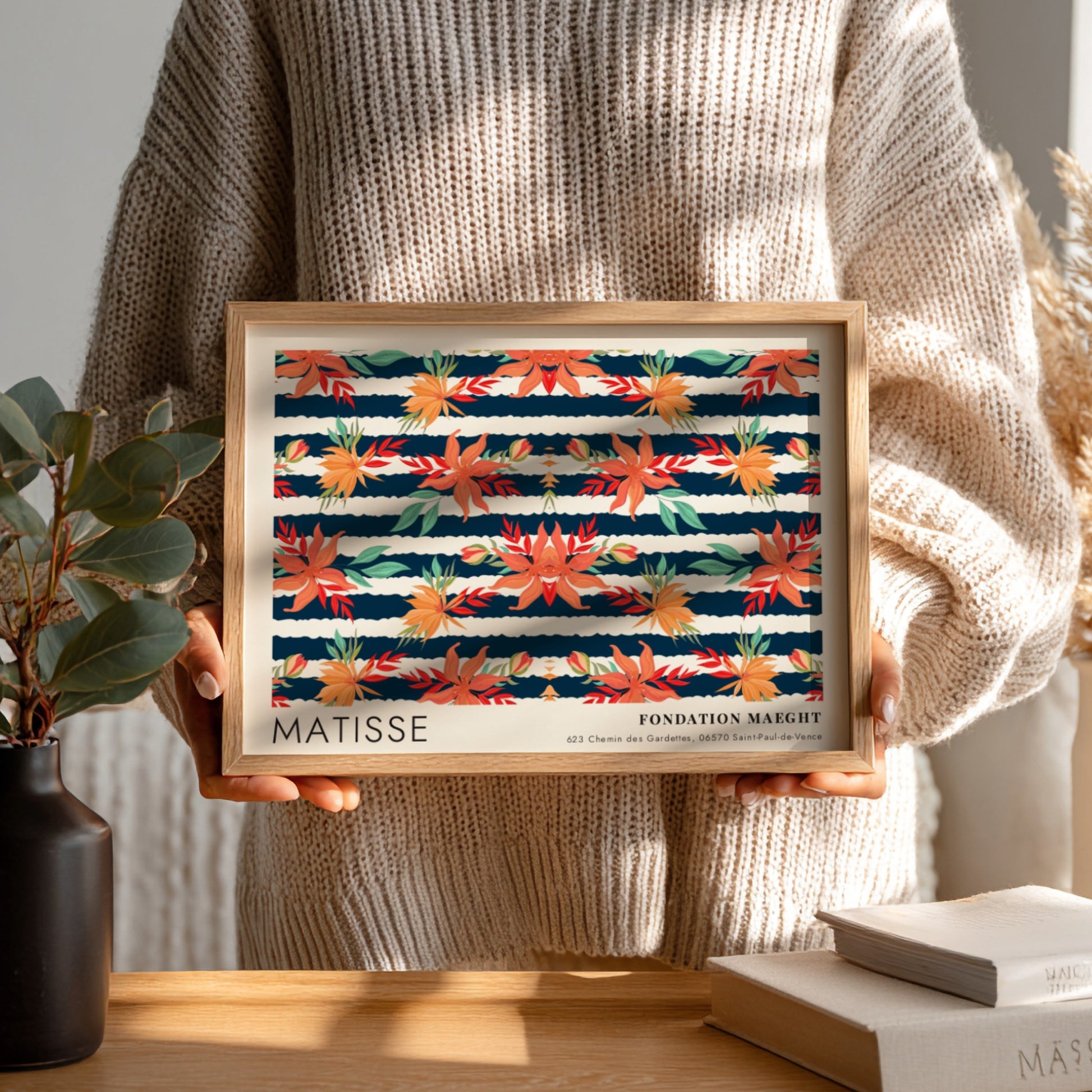Henri Matisse poster featuring dark botanical design with vibrant florals and deep blue background