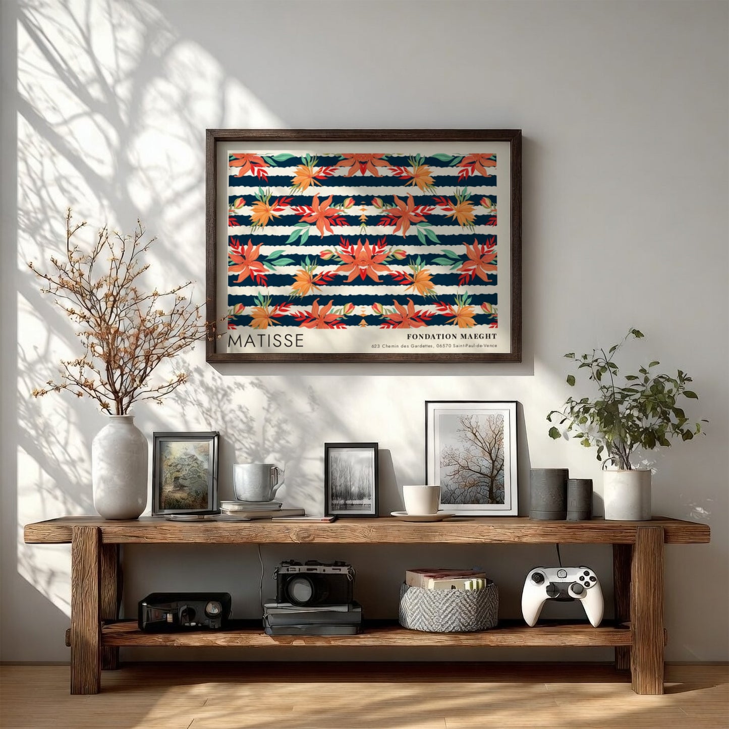 Henri Matisse poster featuring dark botanical design with vibrant florals and deep blue background