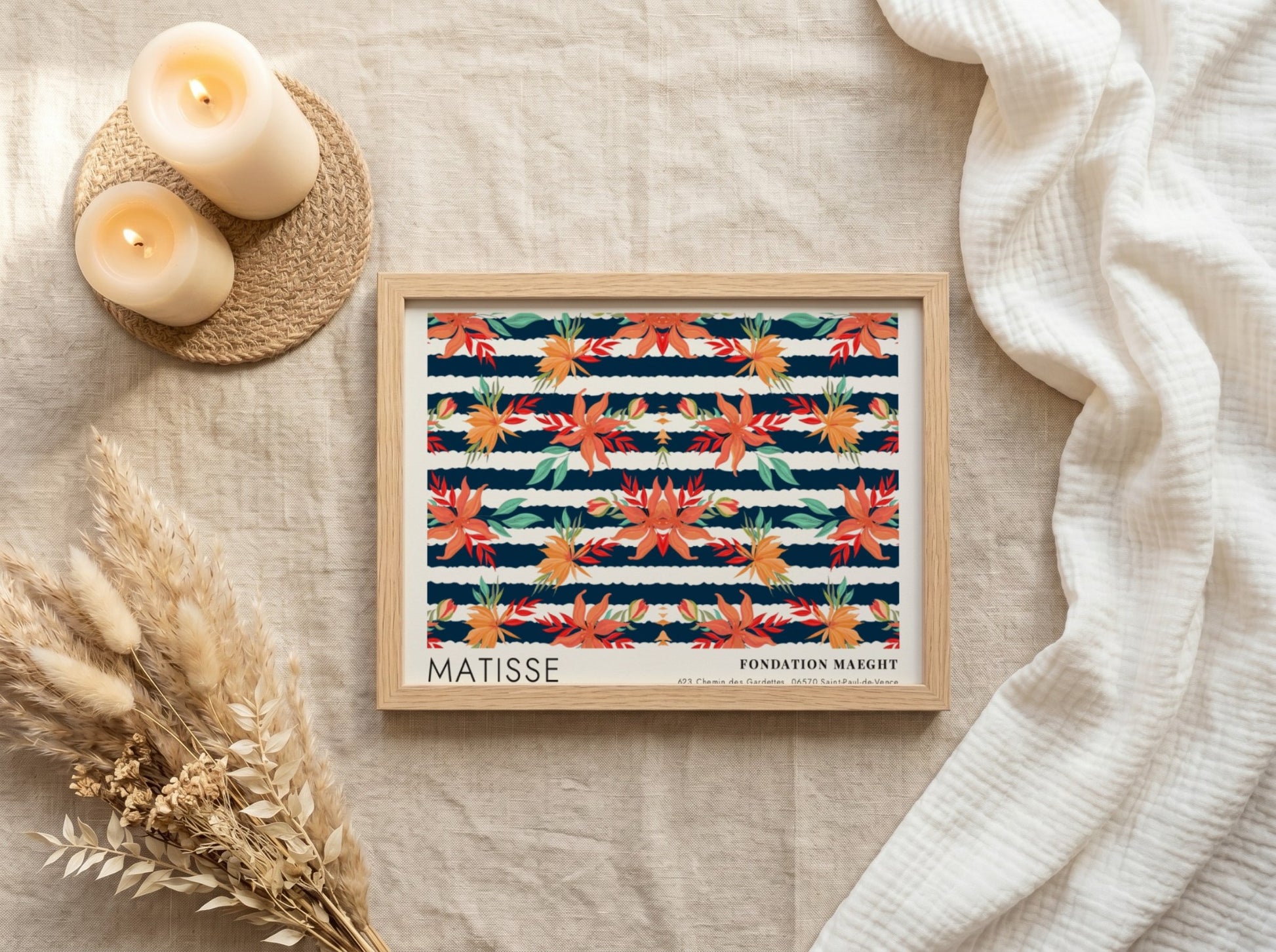 Henri Matisse poster featuring dark botanical design with vibrant florals and deep blue background
