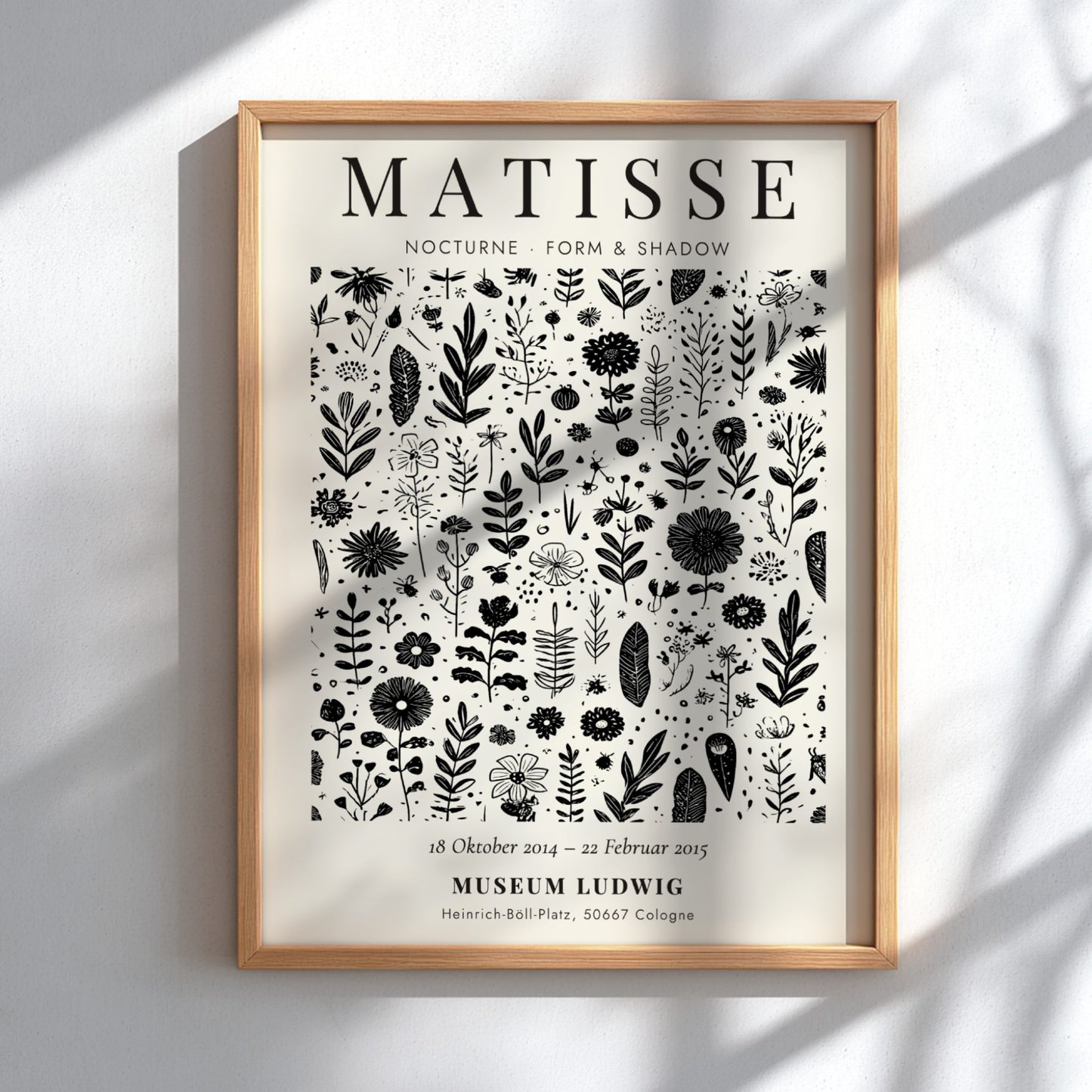 Nocturne Floral Poster featuring intricate black and white flowers and leaves, perfect for botanical wall art.