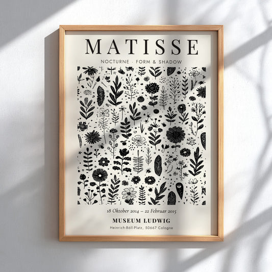 Nocturne Floral Poster featuring intricate black and white flowers and leaves, perfect for botanical wall art.