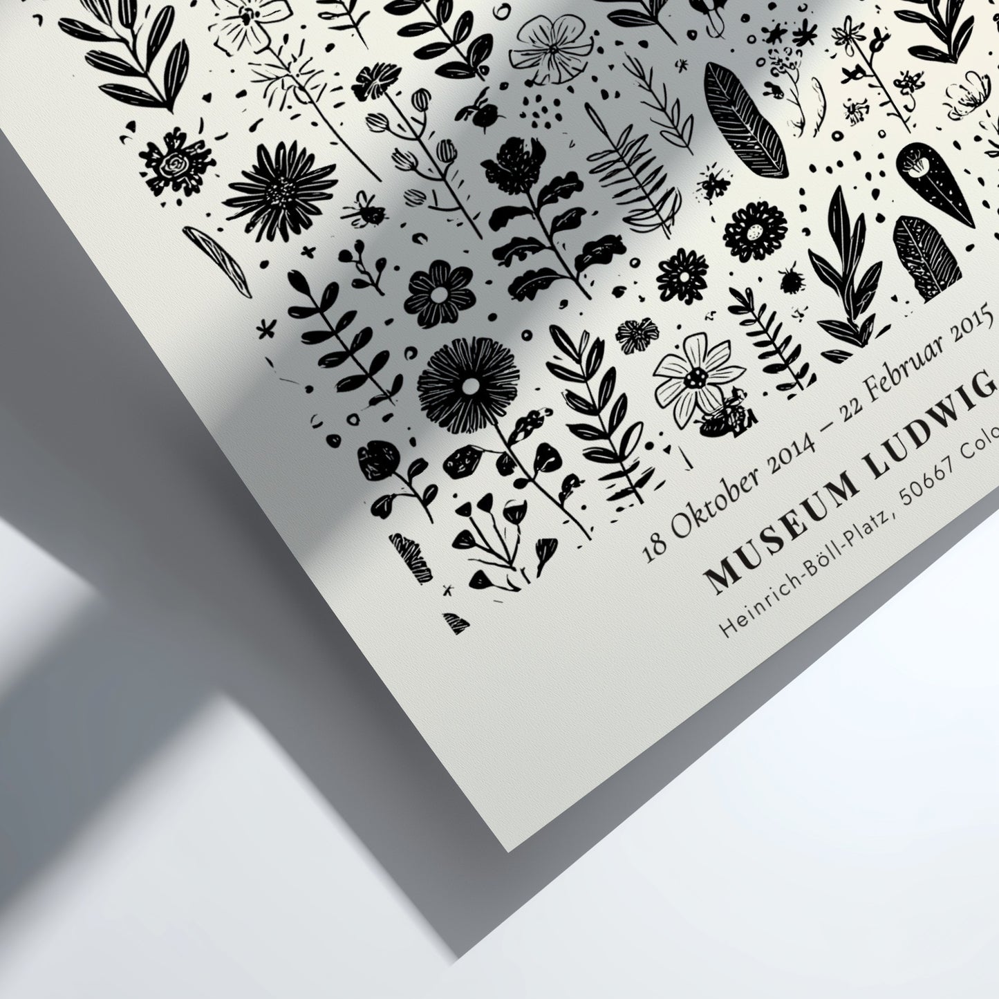Nocturne Floral Poster featuring intricate black and white flowers and leaves, perfect for botanical wall art.