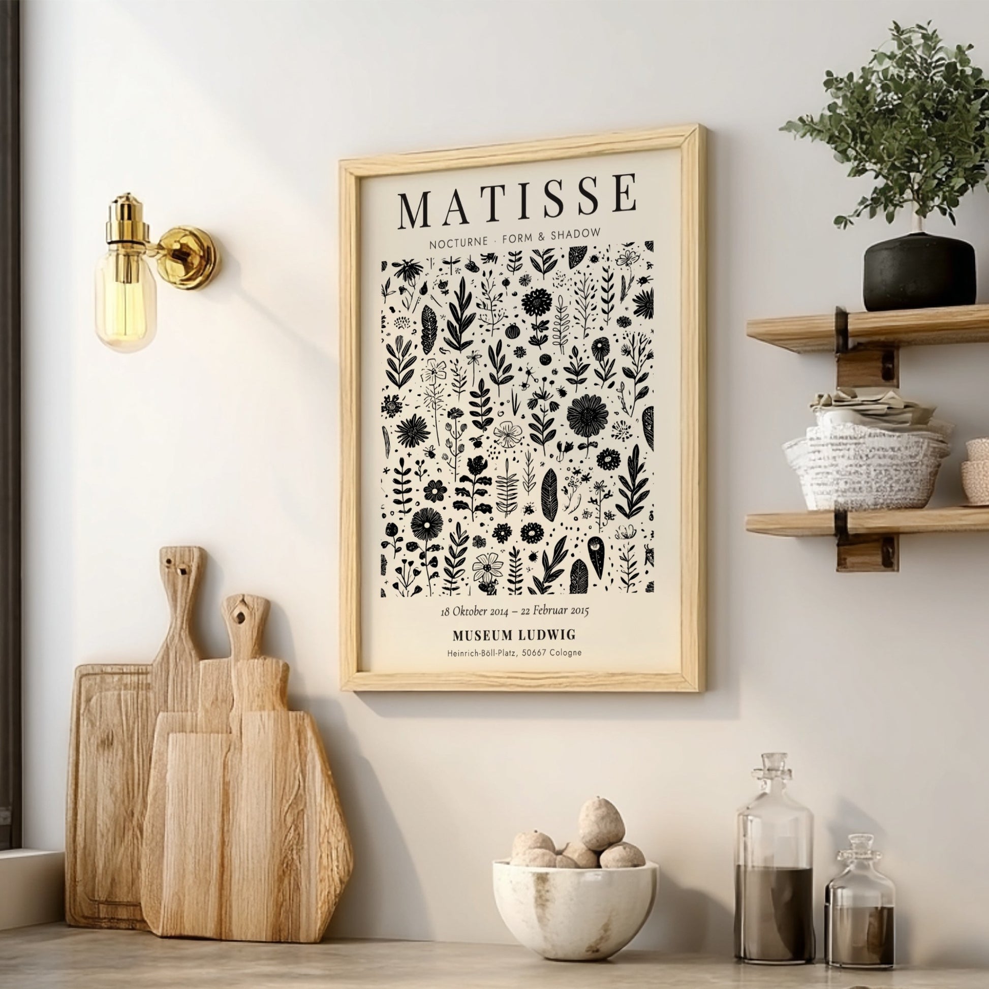 Nocturne Floral Poster featuring intricate black and white flowers and leaves, perfect for botanical wall art.