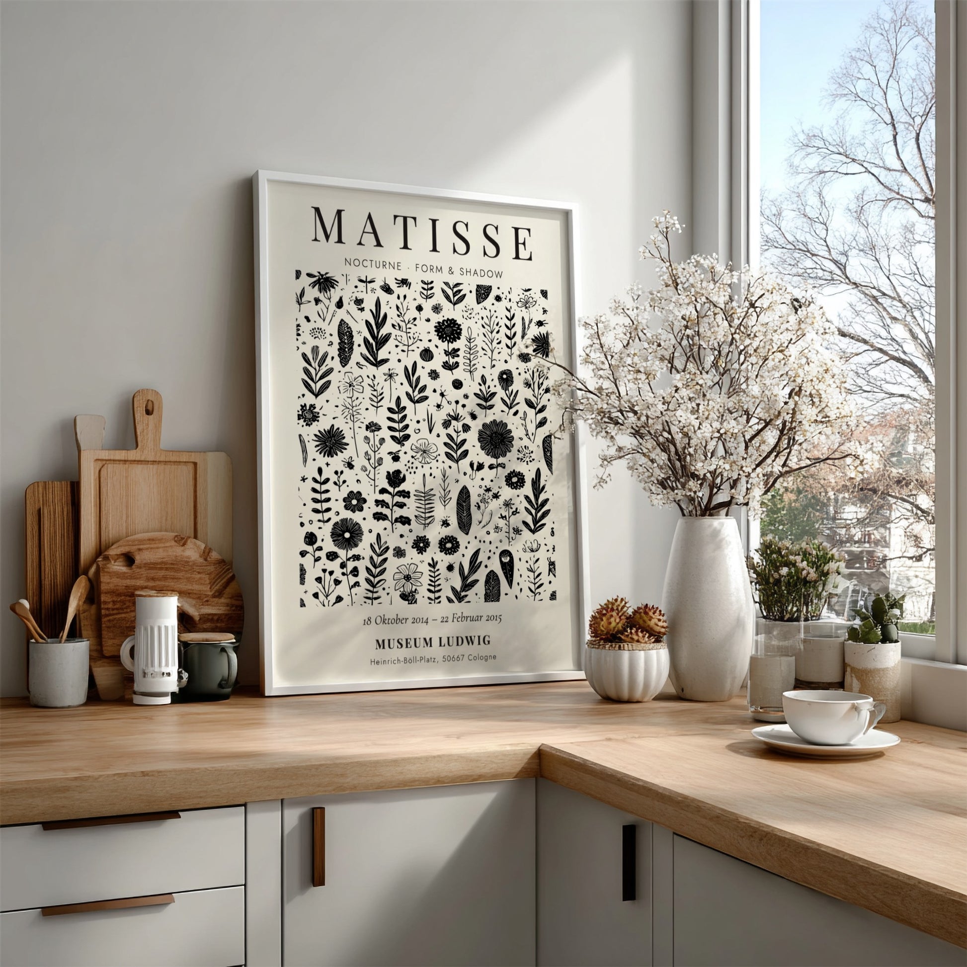 Nocturne Floral Poster featuring intricate black and white flowers and leaves, perfect for botanical wall art.