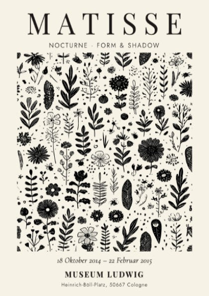 Nocturne Floral Poster featuring intricate black and white flowers and leaves, perfect for botanical wall art.