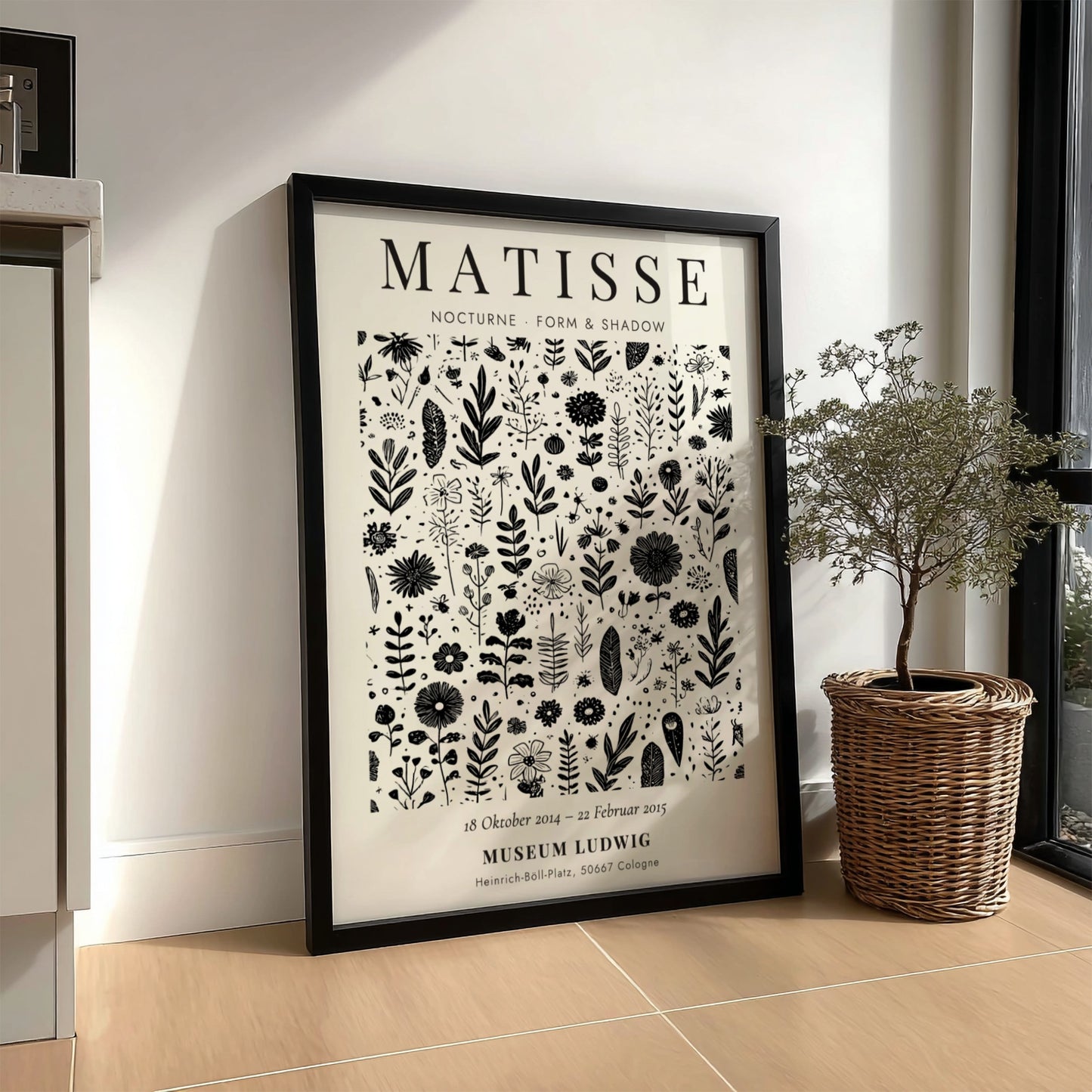 Nocturne Floral Poster featuring intricate black and white flowers and leaves, perfect for botanical wall art.
