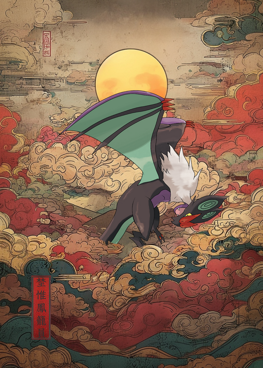 Colorful illustration of Noivern Pokemon in a fantasy setting with clouds and sun.