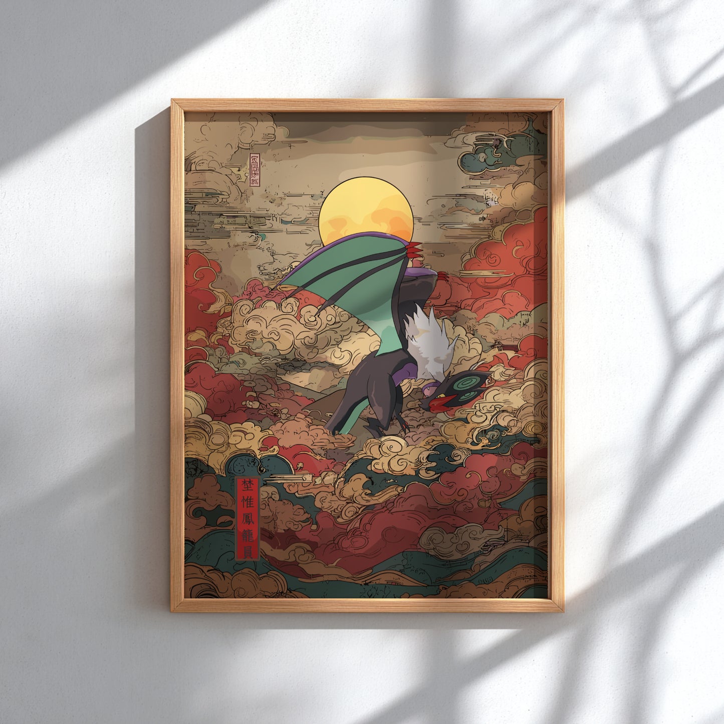 Framed artwork of a traditional Japanese scene with Noivern Pokemon on a white wall.