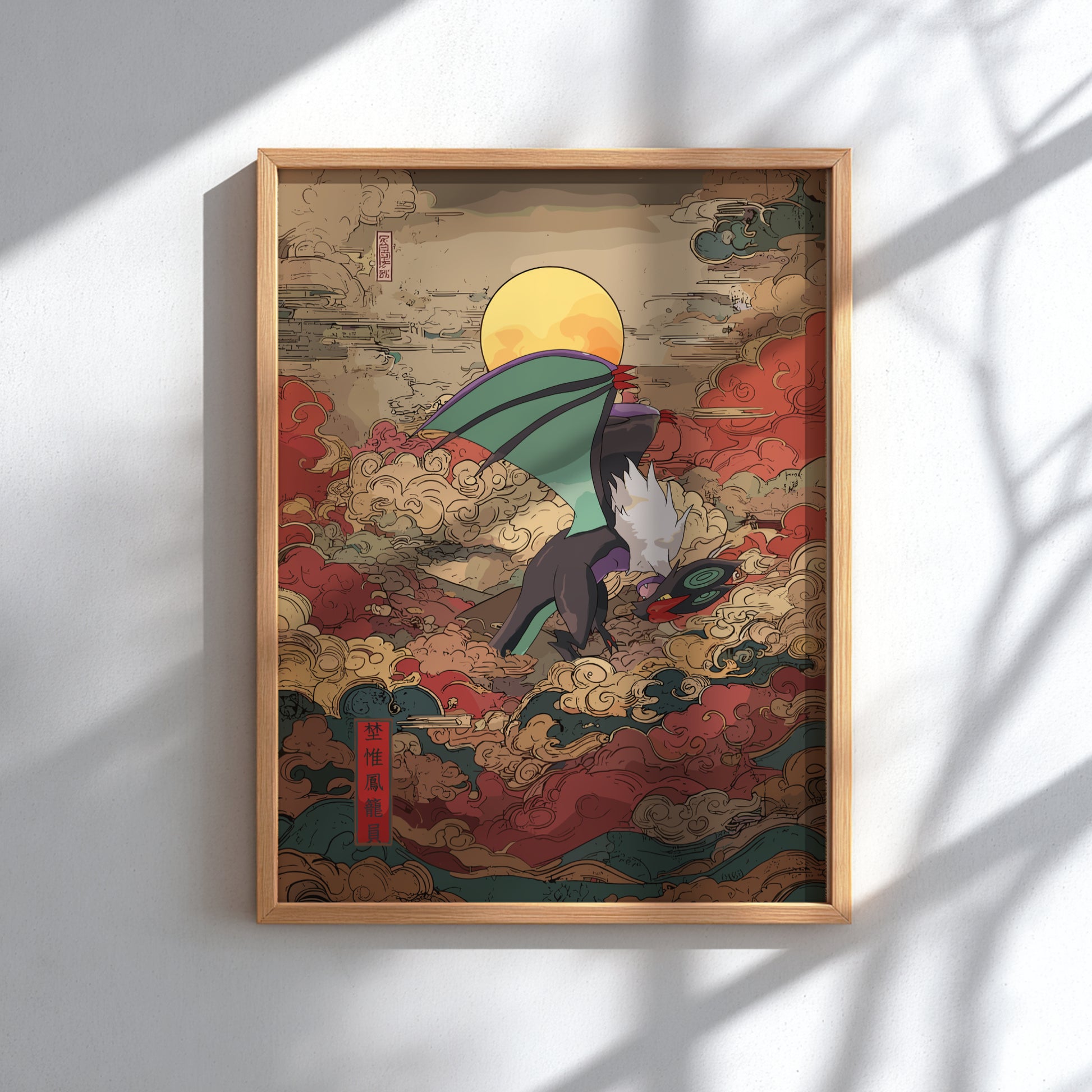 Framed artwork of a traditional Japanese scene with Noivern Pokemon on a white wall.