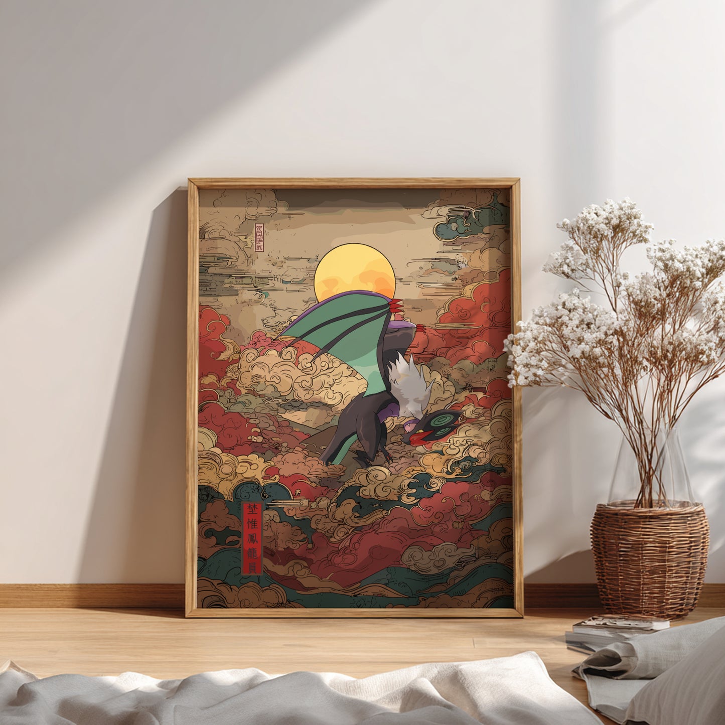 Framed artwork with a colorful design of Noivern Pokemon on a wall in a room.
