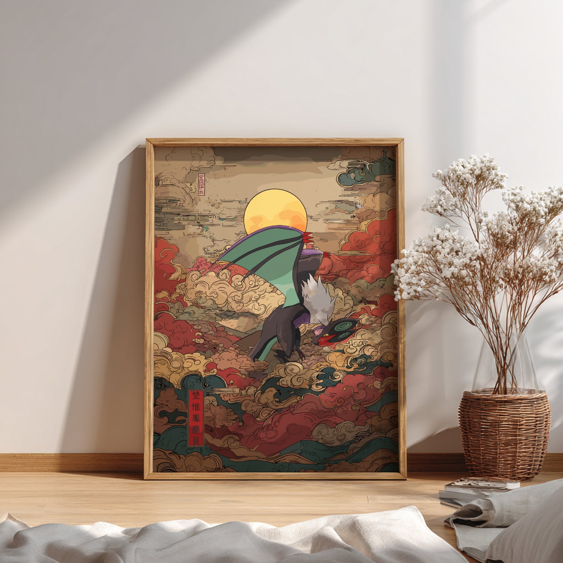 Framed artwork with a colorful design of Noivern Pokemon on a wall in a room.
