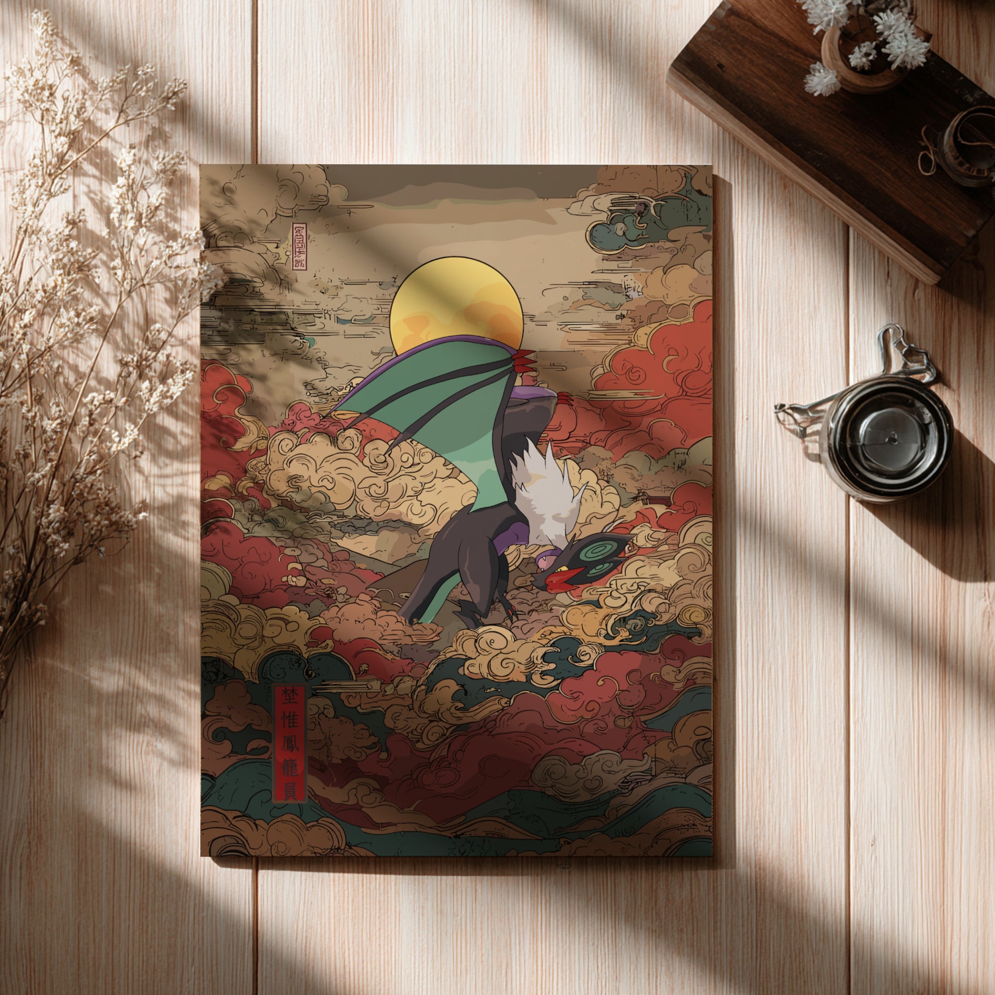 Colorful illustration of Noivern Pokemon on a wooden surface