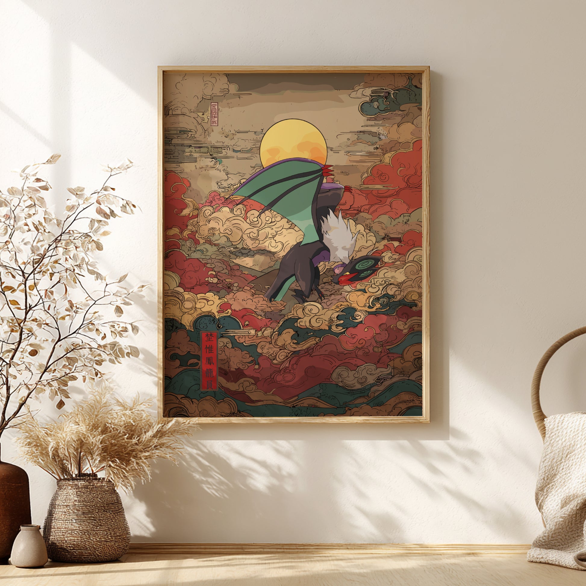 Framed artwork with a colorful design of Noivern Pokemon on a wall in a room with decor elements.