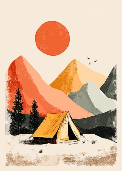 Illustration of a tent in a mountainous landscape with a red sun.