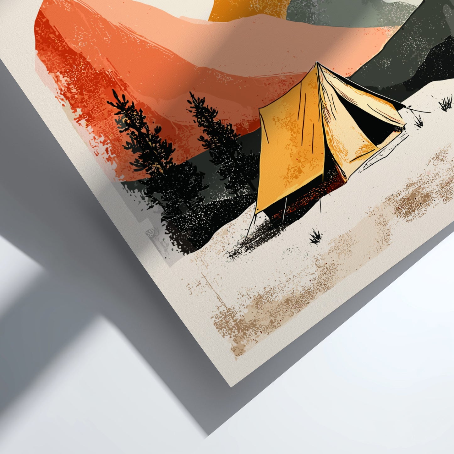 Illustration of a tent in a mountainous landscape with a sunset.