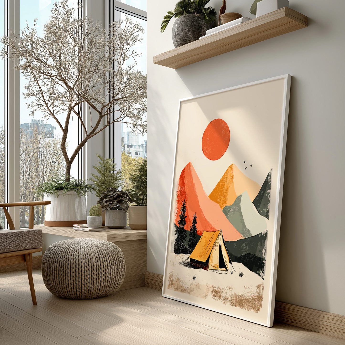 Colorful abstract mountain painting in a modern living room with large windows and decor.
