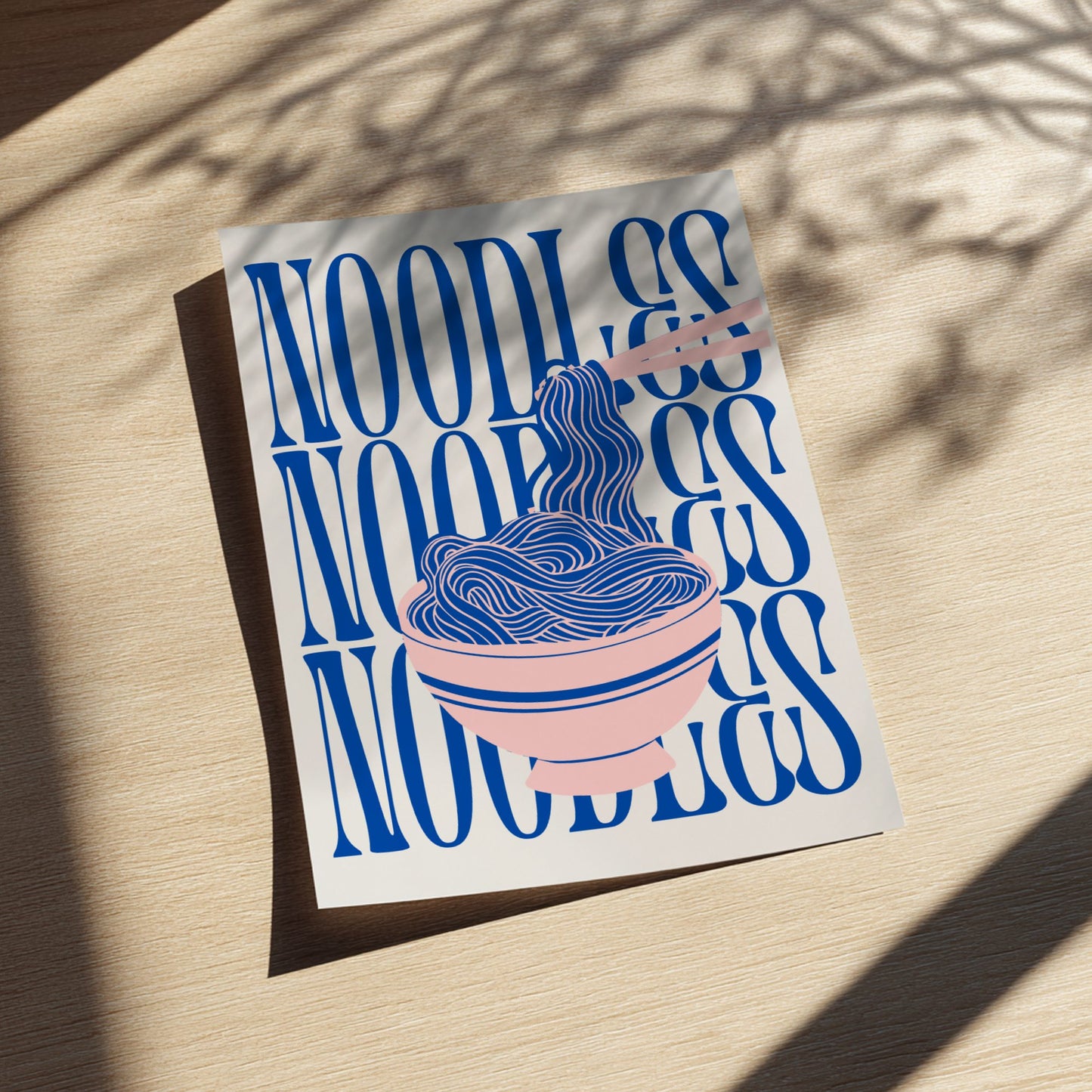 Poster with blue text and illustration of noodles on a wooden surface