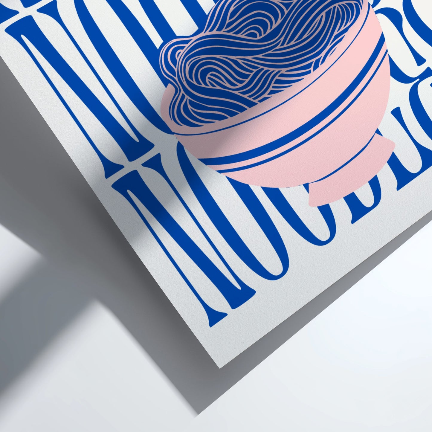 Pink yarn ball on a white background with blue text