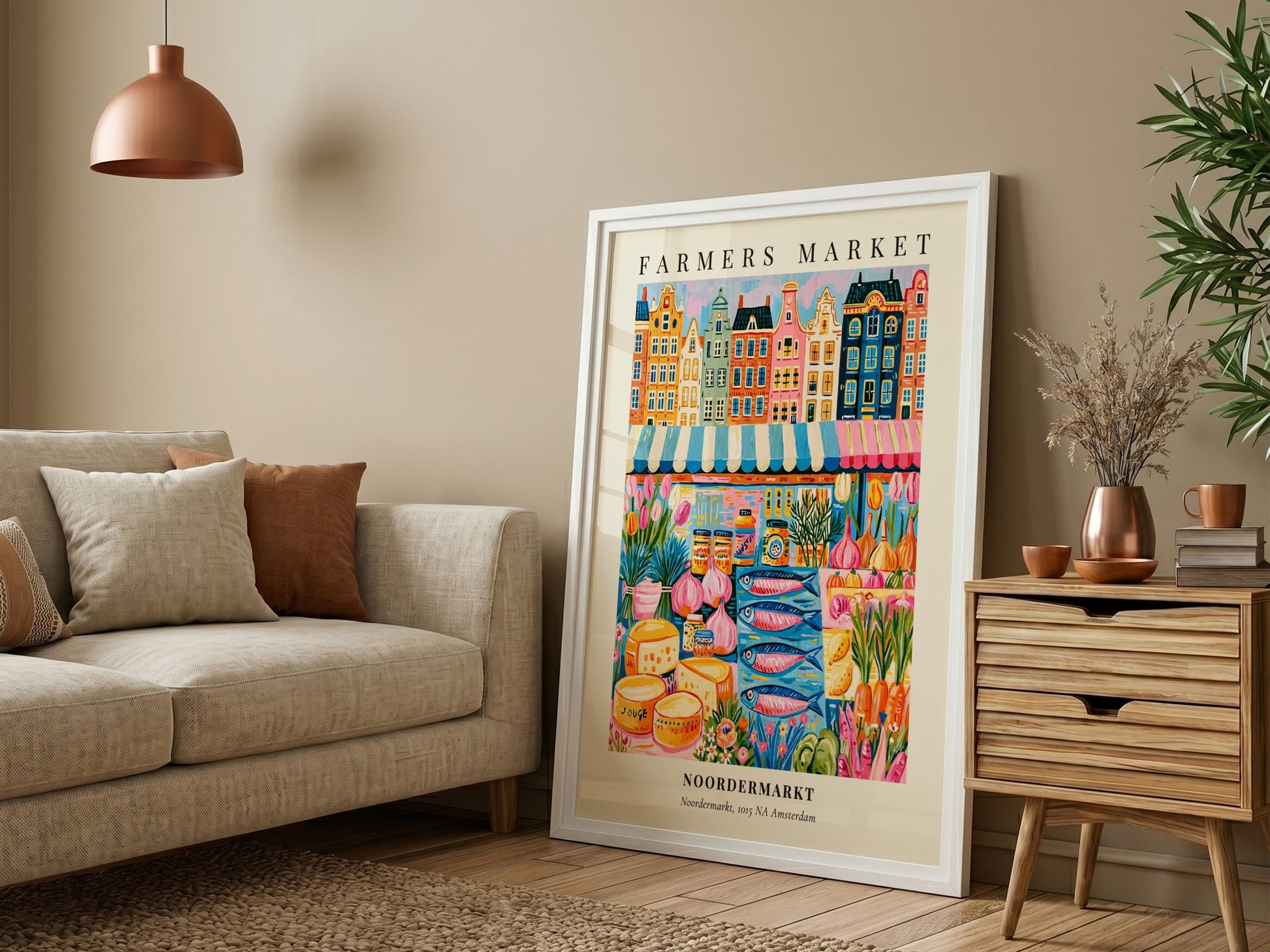 Noordermarkt poster featuring colorful market scene and Dutch architecture
