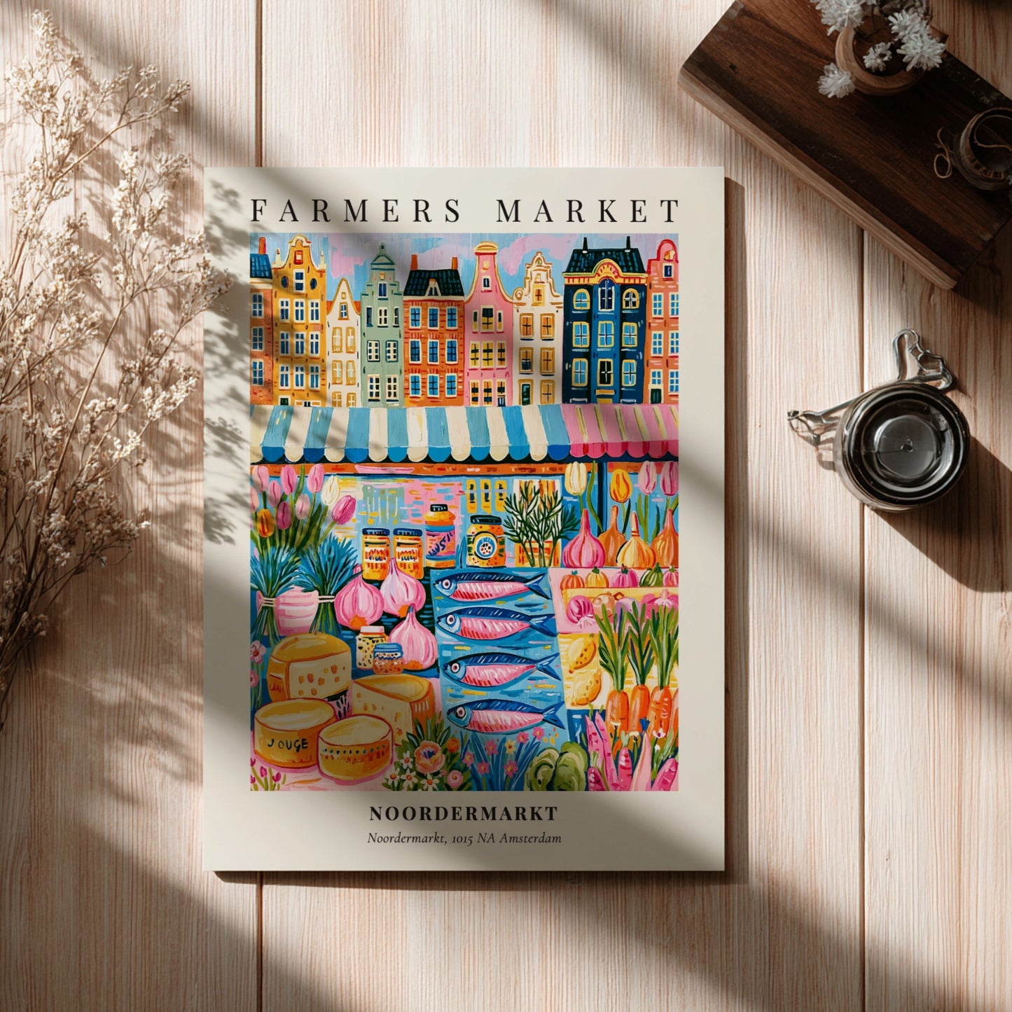 Noordermarkt poster featuring colorful market scene and Dutch architecture