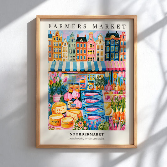 Noordermarkt poster featuring colorful market scene and Dutch architecture