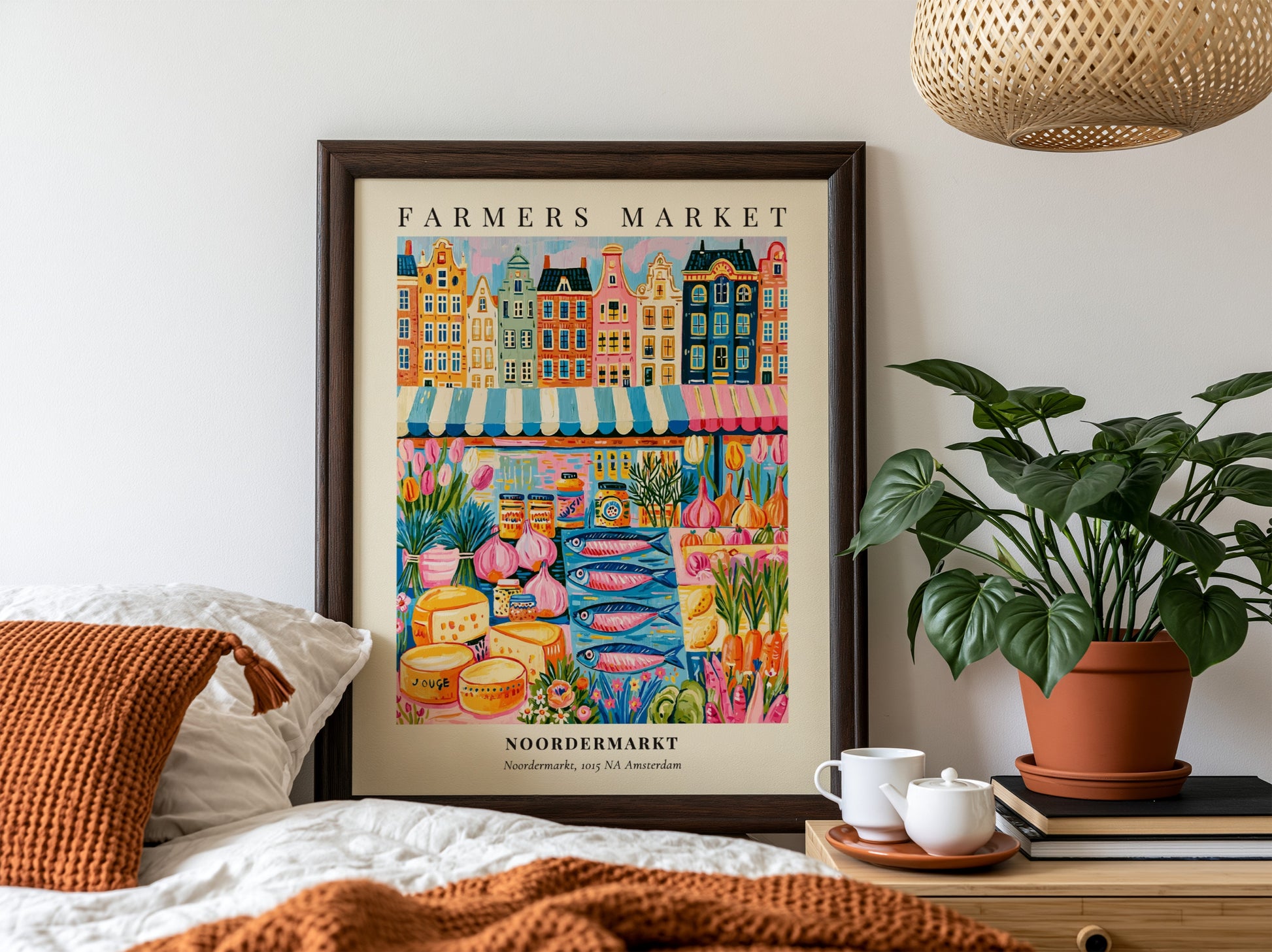 Noordermarkt poster featuring colorful market scene and Dutch architecture