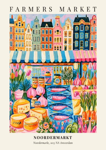 Noordermarkt poster featuring colorful market scene and Dutch architecture
