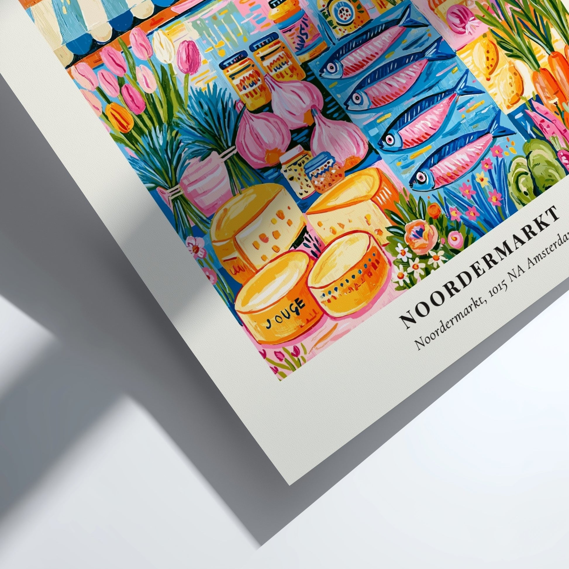 Noordermarkt poster featuring colorful market scene and Dutch architecture