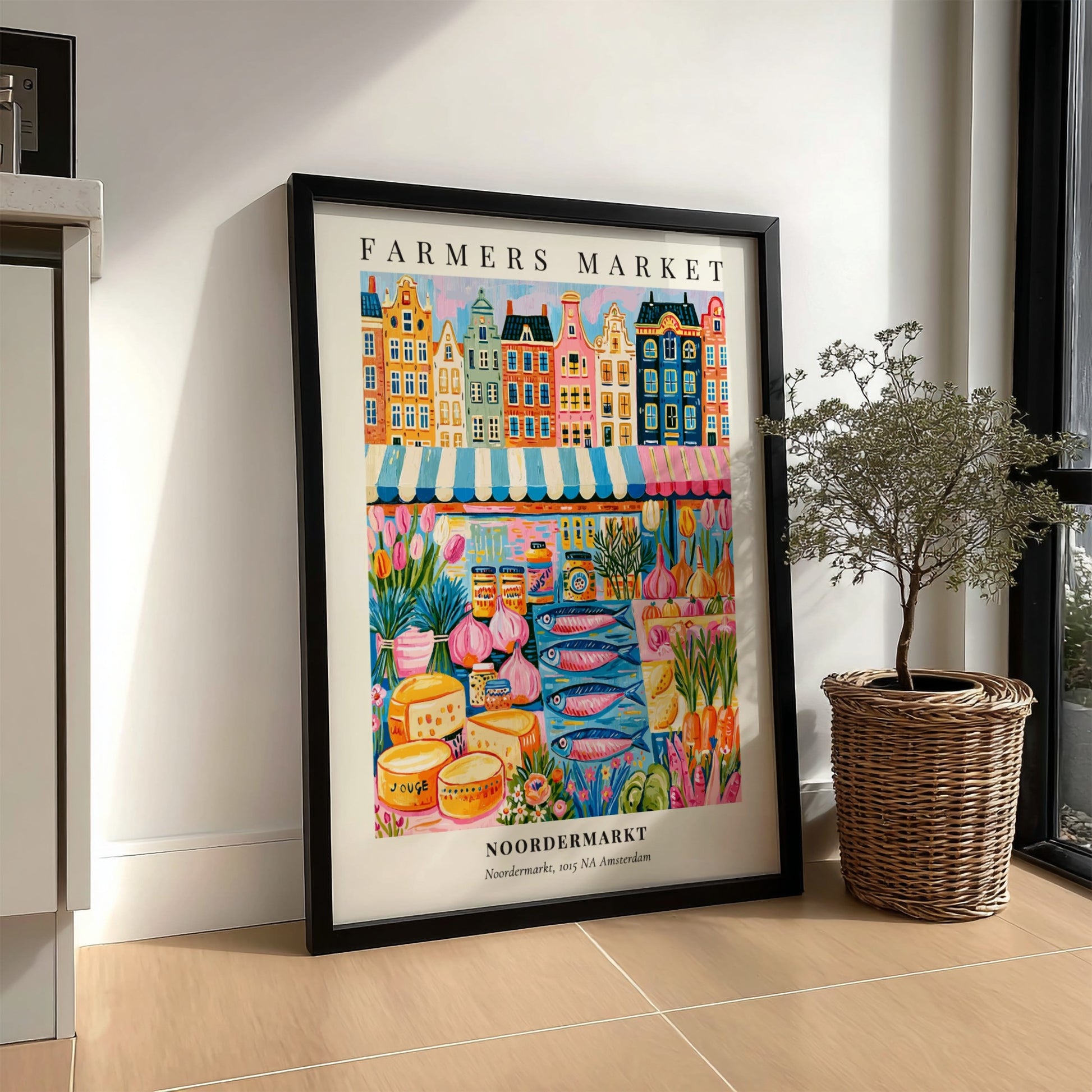Noordermarkt poster featuring colorful market scene and Dutch architecture