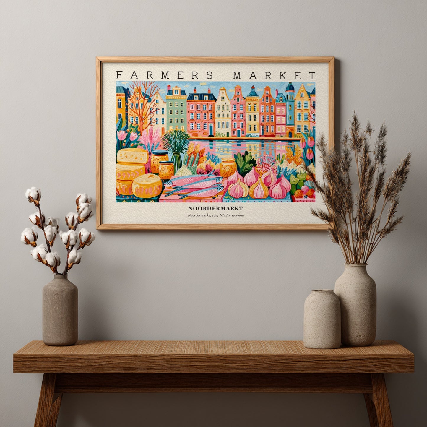 Farmers market poster showcasing Noordermarkt in Amsterdam with colorful canal houses and fresh produce