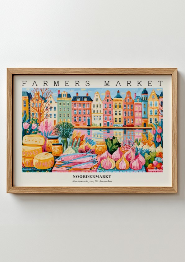 Farmers market poster showcasing Noordermarkt in Amsterdam with colorful canal houses and fresh produce