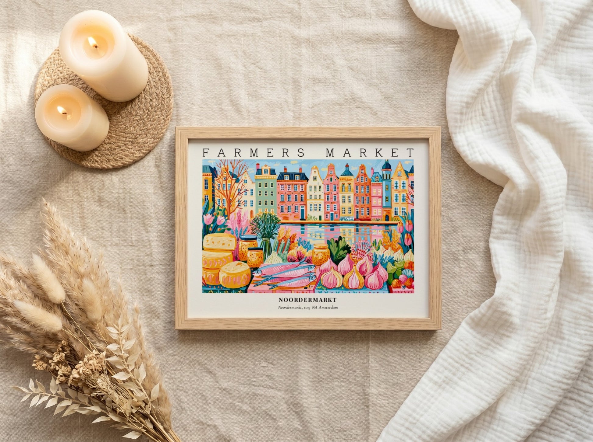 Farmers market poster showcasing Noordermarkt in Amsterdam with colorful canal houses and fresh produce