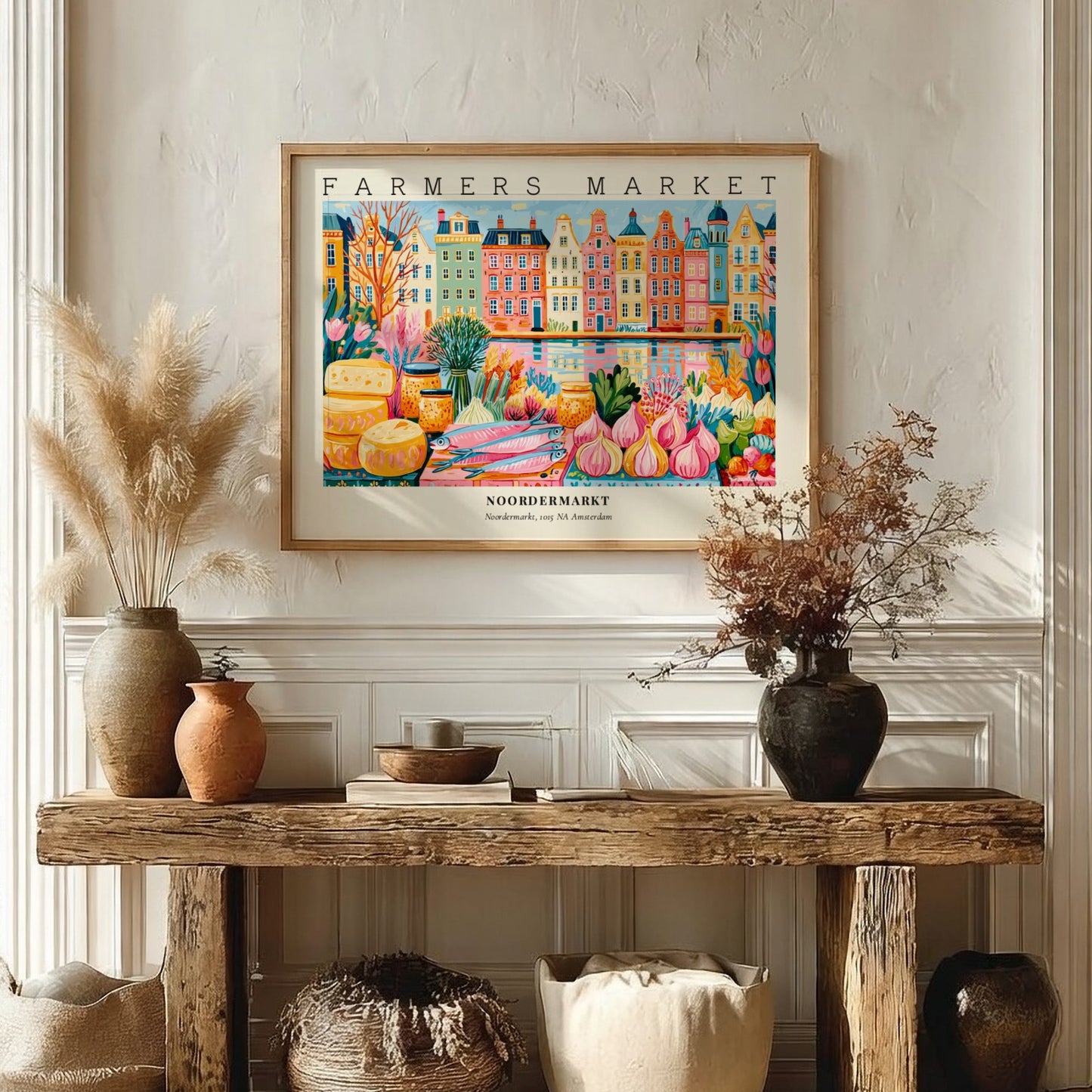 Farmers market poster showcasing Noordermarkt in Amsterdam with colorful canal houses and fresh produce