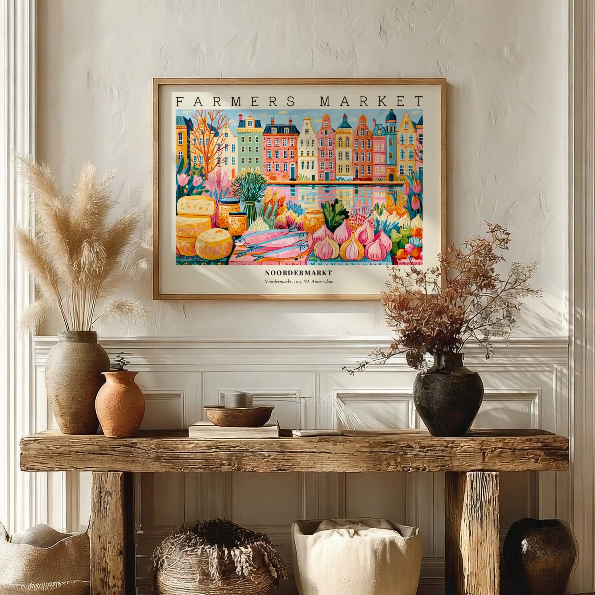 Farmers market poster showcasing Noordermarkt in Amsterdam with colorful canal houses and fresh produce