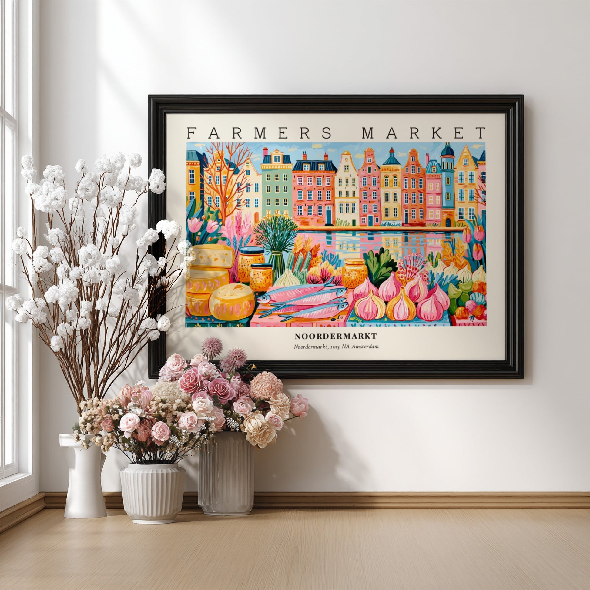 Farmers market poster showcasing Noordermarkt in Amsterdam with colorful canal houses and fresh produce