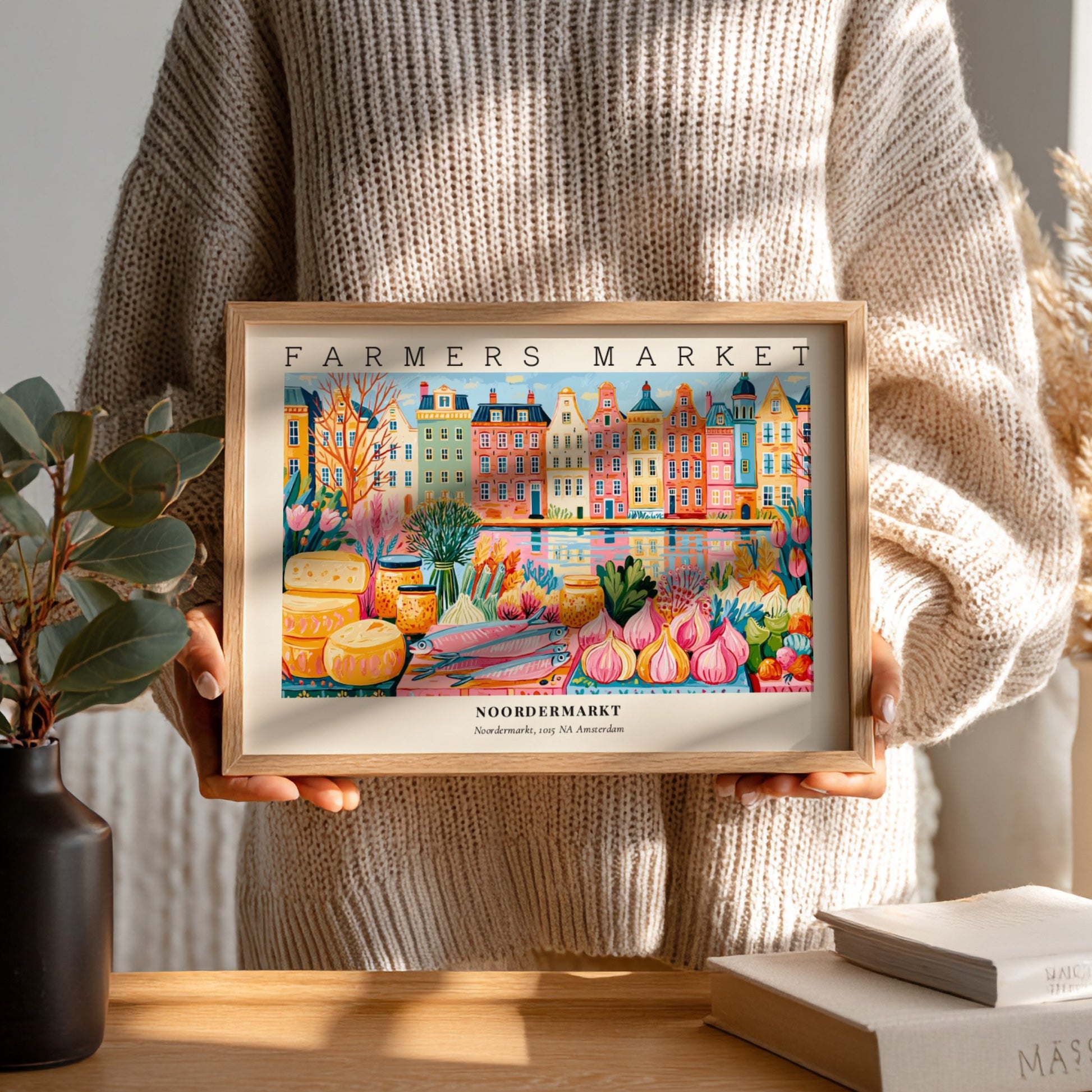 Farmers market poster showcasing Noordermarkt in Amsterdam with colorful canal houses and fresh produce