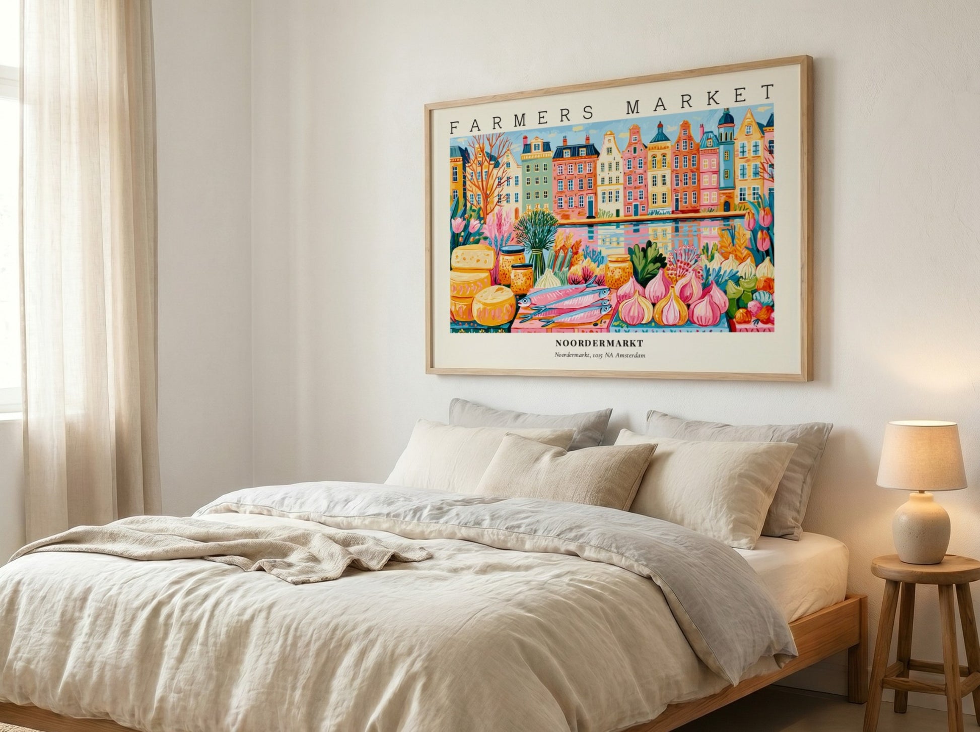 Farmers market poster showcasing Noordermarkt in Amsterdam with colorful canal houses and fresh produce