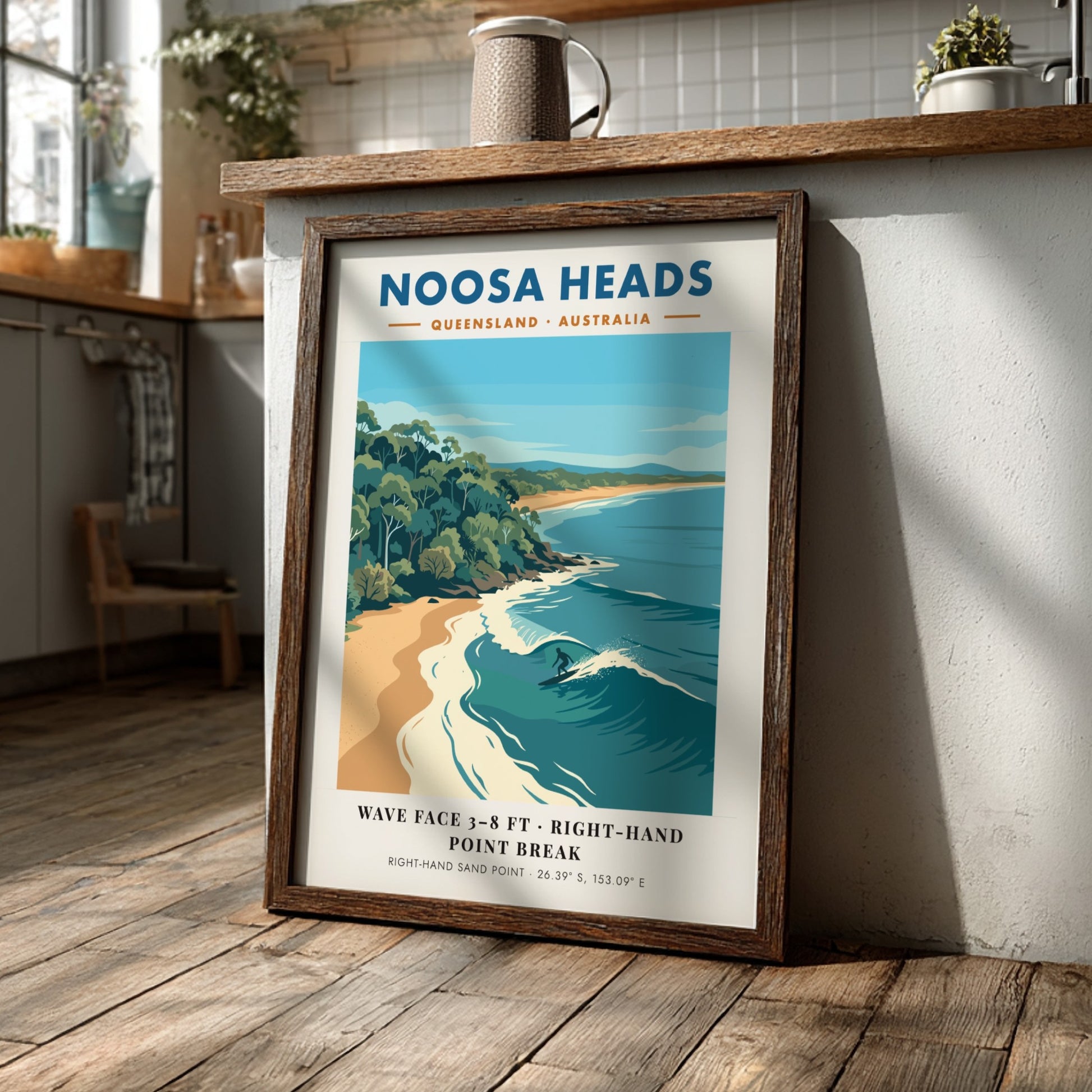 Noosa Heads travel poster featuring a surfer on a wave and coastal forest.