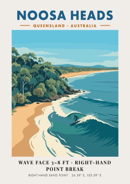 Noosa Heads travel poster featuring a surfer on a wave and coastal forest.
