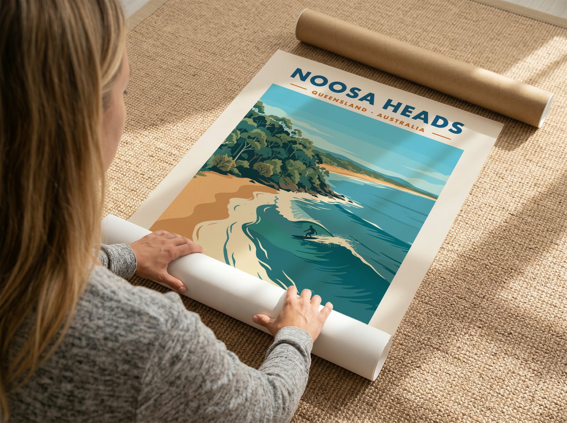 Noosa Heads travel poster featuring a surfer on a wave and coastal forest.