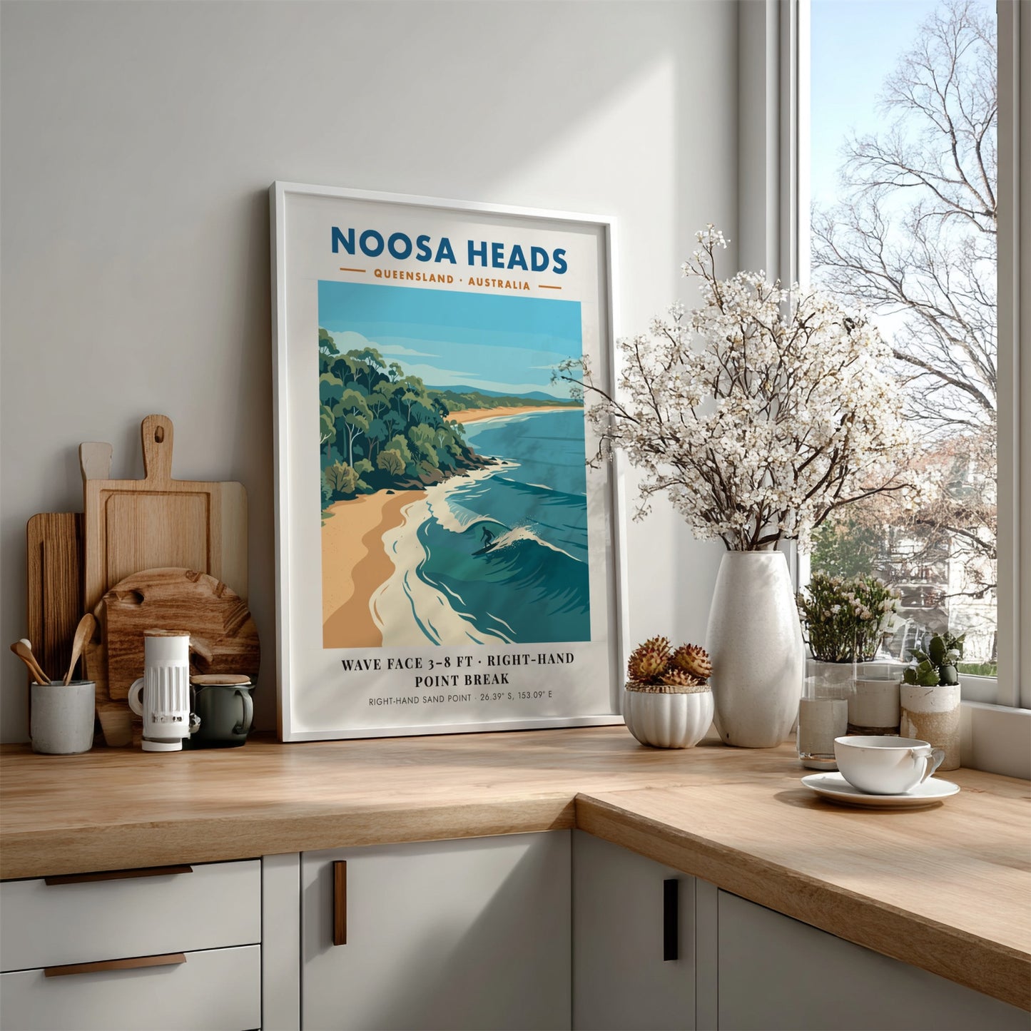 Noosa Heads travel poster featuring a surfer on a wave and coastal forest.