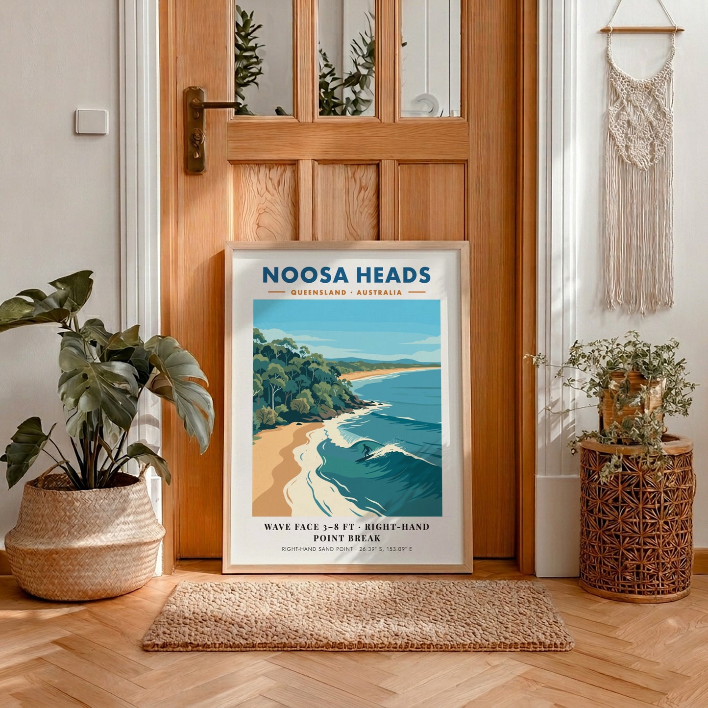 Noosa Heads travel poster featuring a surfer on a wave and coastal forest.