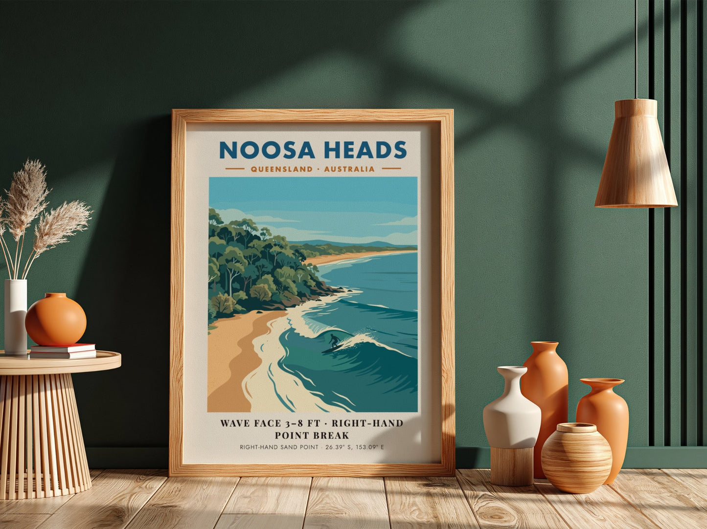 Noosa Heads travel poster featuring a surfer on a wave and coastal forest.