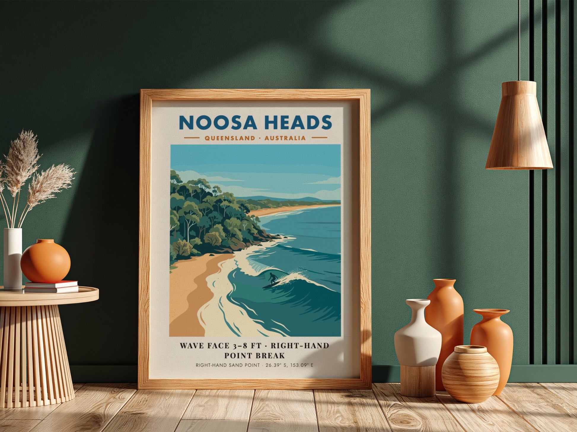 Noosa Heads travel poster featuring a surfer on a wave and coastal forest.